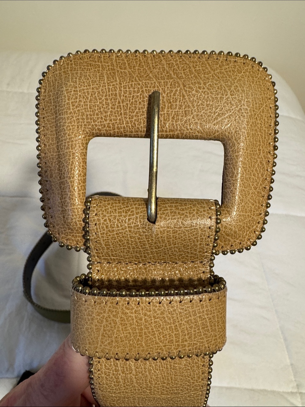 Vintage Sandy Duftler Designs 1999 Wide Leather Statement Belt Tan White Olive - Picture 5 of 10